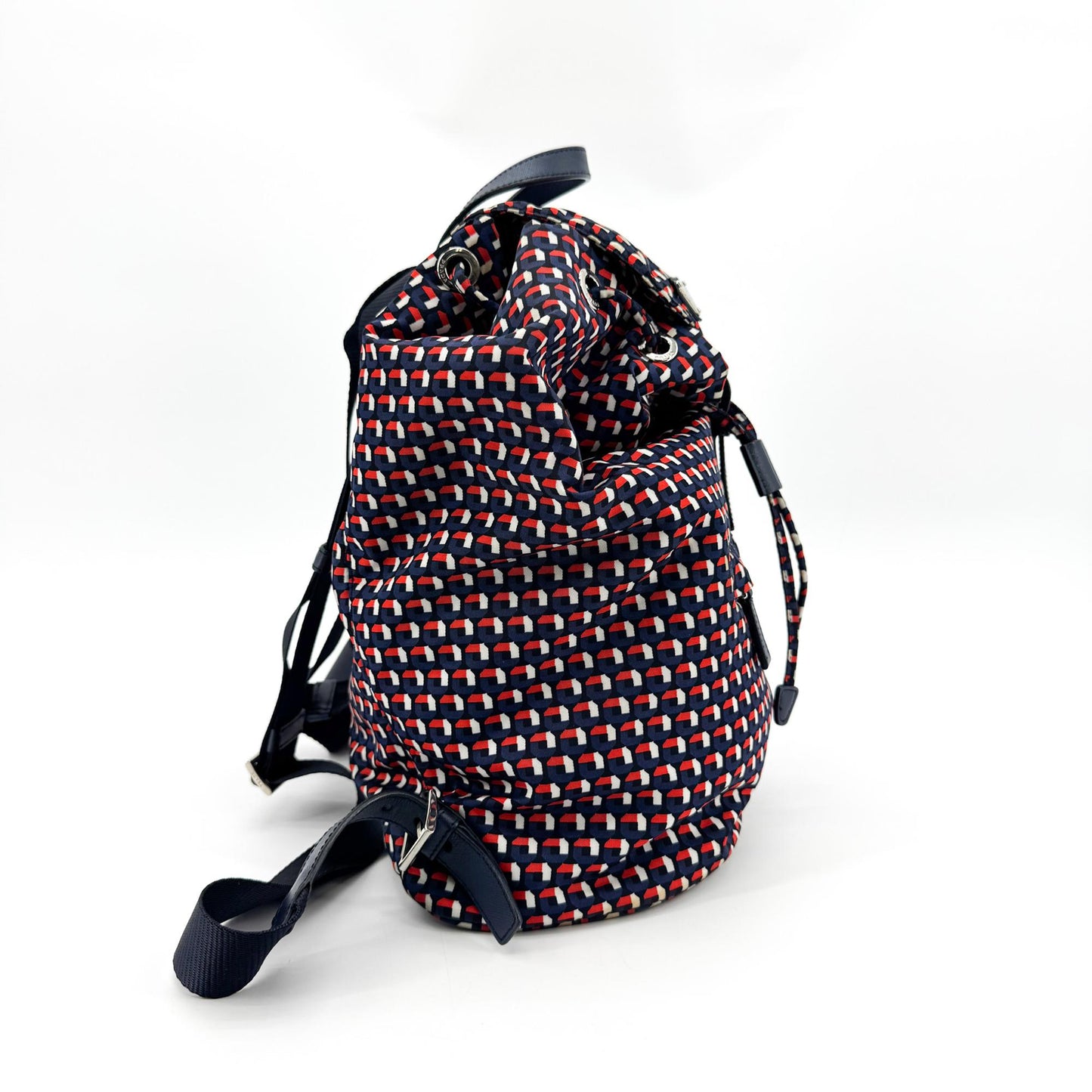 Prada Geometric Print Nylon Backpack Navy Red