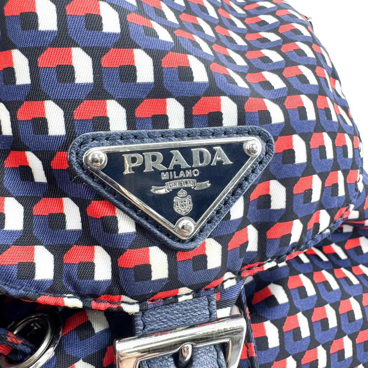 Prada Geometric Print Nylon Backpack Navy Red