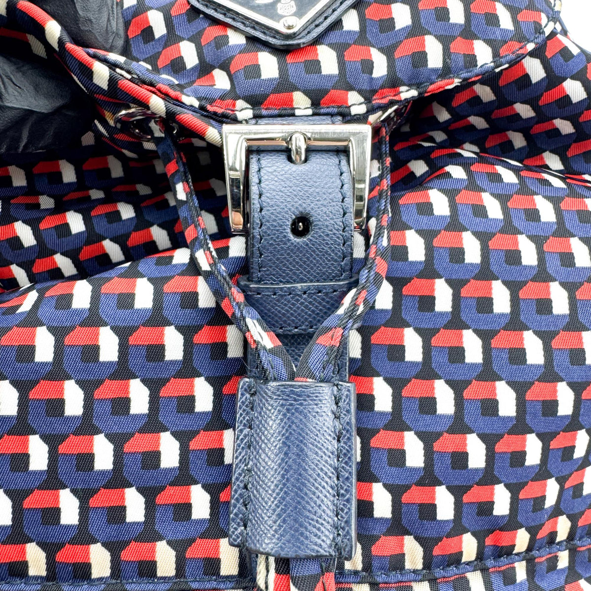 Prada Geometric Print Nylon Backpack Navy Red