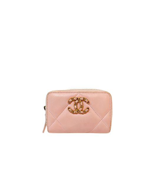 Chanel Pink Lambskin 19 Zipper Card Wallet
