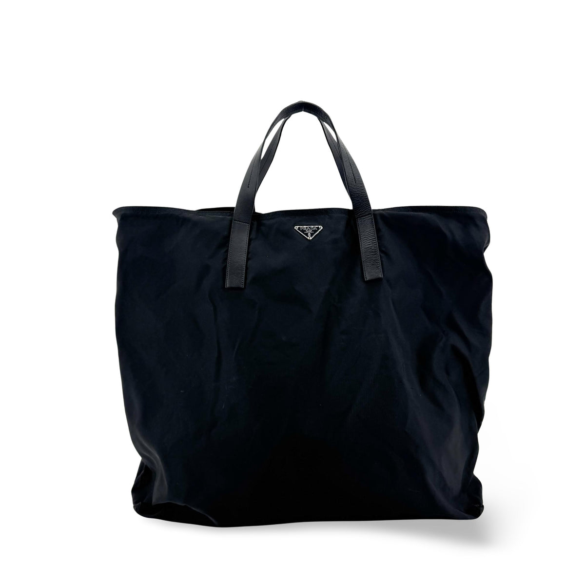 Prada Re-Nylon Leather Handle Tote Bag Black