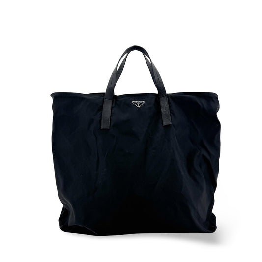 Prada Re-Nylon Leather Handle Tote Bag Black