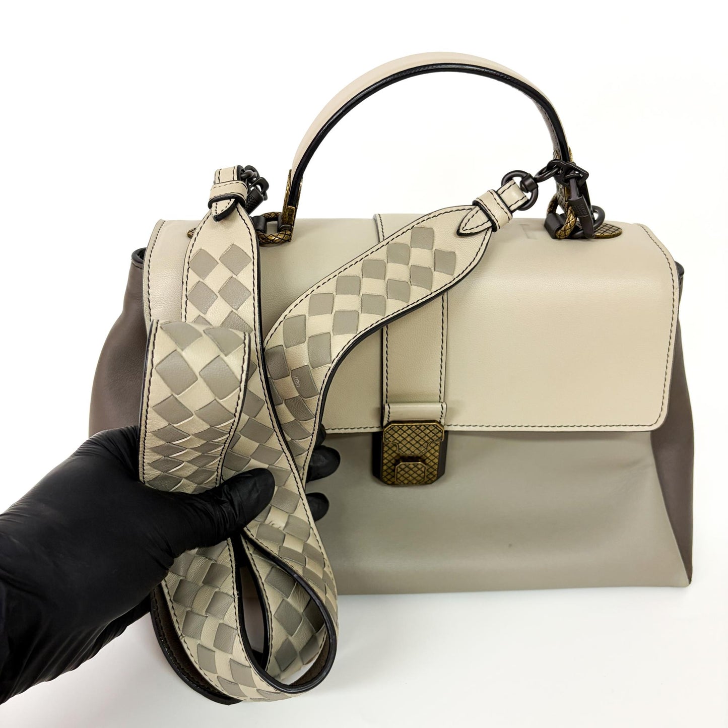 Bottega Veneta Medium Piazza Bag Tricolor (Ivory/Gray/Brown)