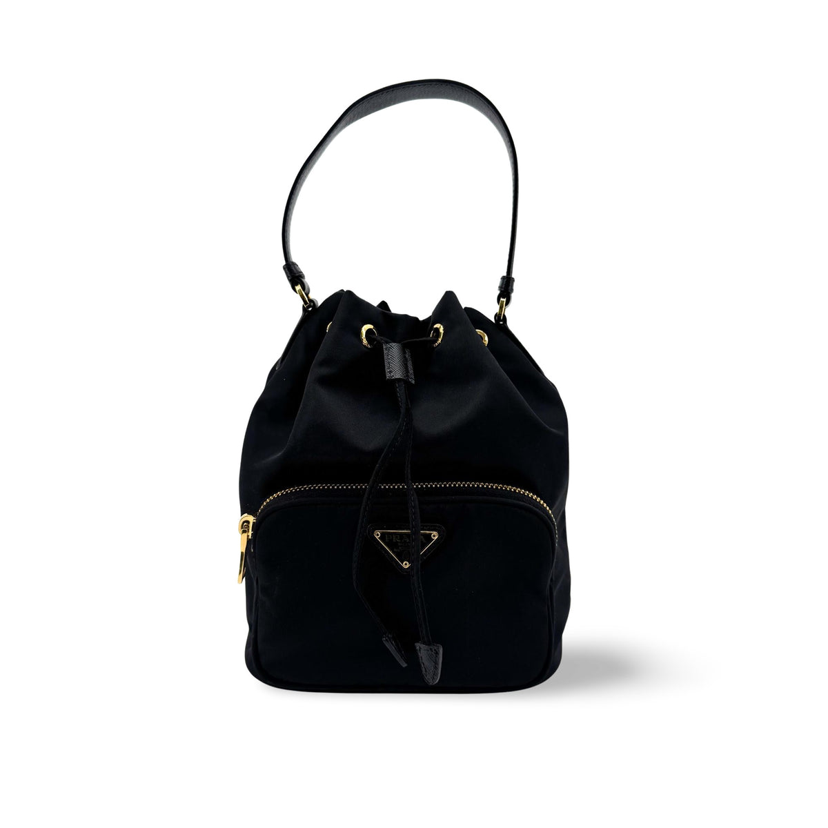 Prada Re-Ylon Duet Bucket Bag Black with Gold Hardware