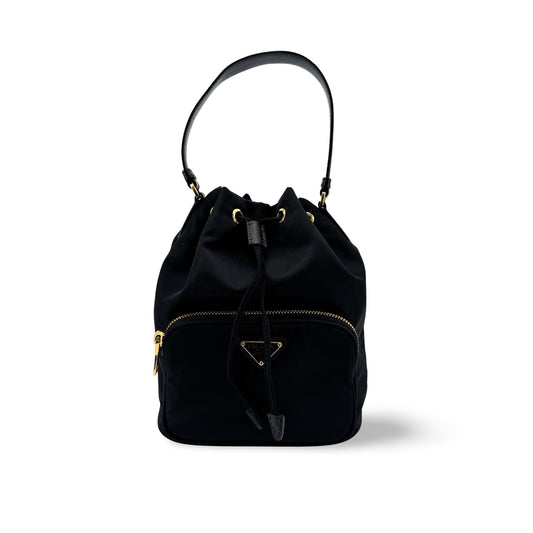 Prada Re-Ylon Duet Bucket Bag Black with Gold Hardware