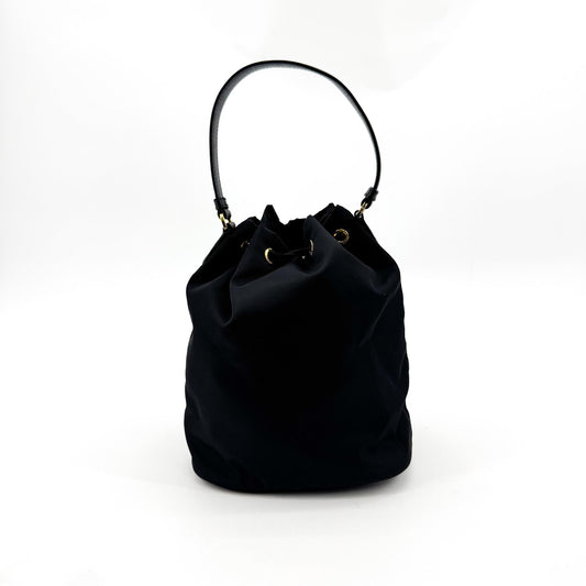 Prada Re-Ylon Duet Bucket Bag Black with Gold Hardware