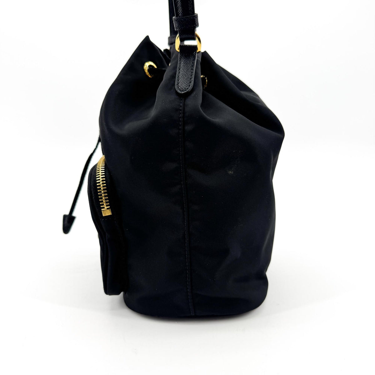 Prada Re-Ylon Duet Bucket Bag Black with Gold Hardware