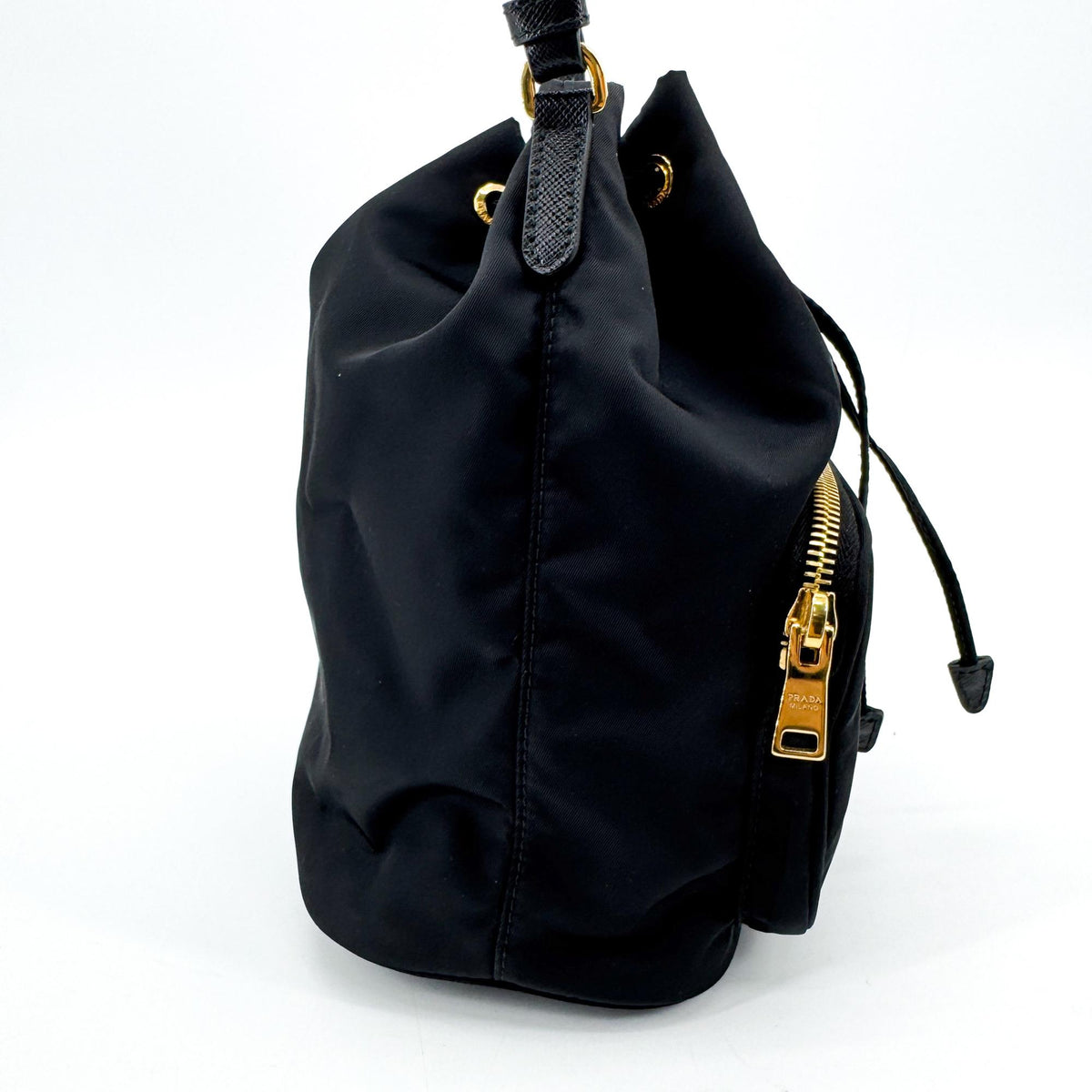 Prada Re-Ylon Duet Bucket Bag Black with Gold Hardware