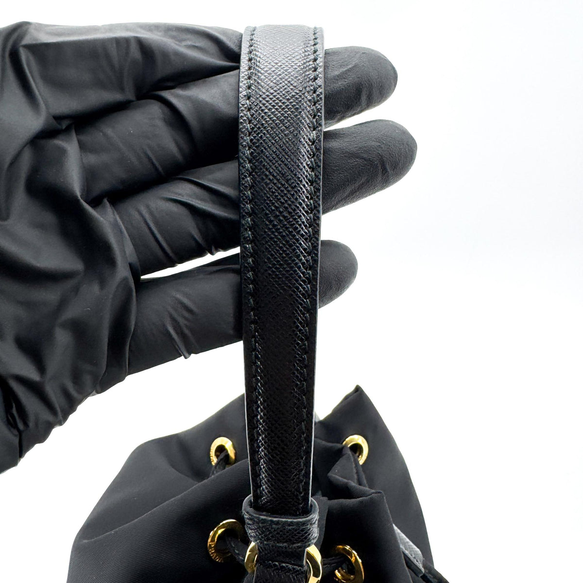 Prada Re-Ylon Duet Bucket Bag Black with Gold Hardware