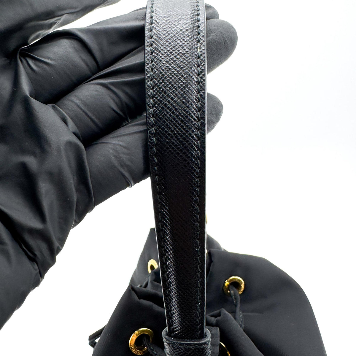 Prada Re-Ylon Duet Bucket Bag Black with Gold Hardware
