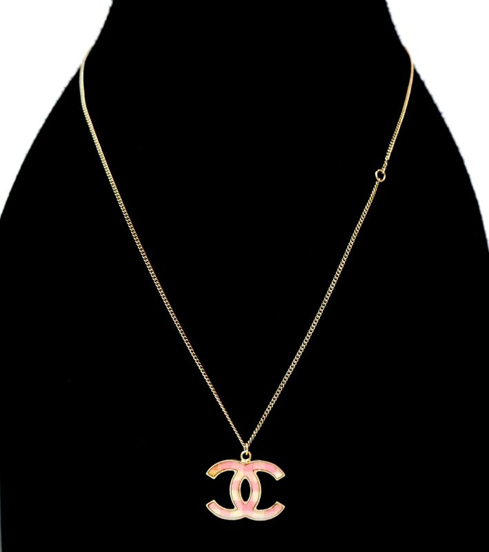 Chanel Pink Check CC Gold Necklace