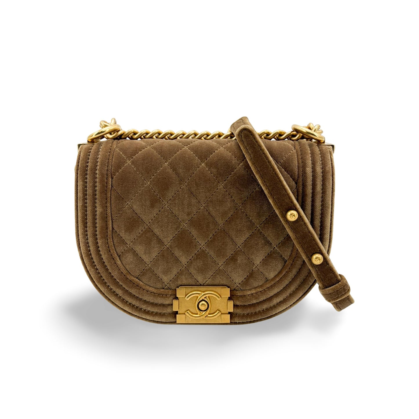 Chanel Boy Messenger Bag Velvet Brown Gold Hardware