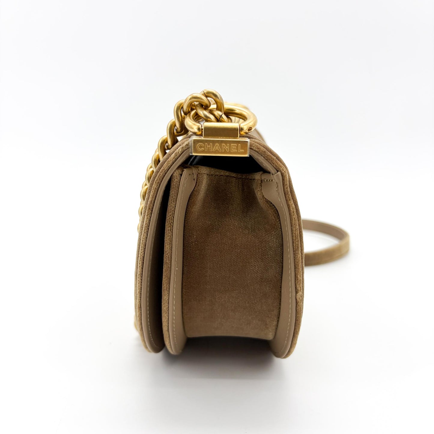 Chanel Boy Messenger Bag Velvet Brown Gold Hardware