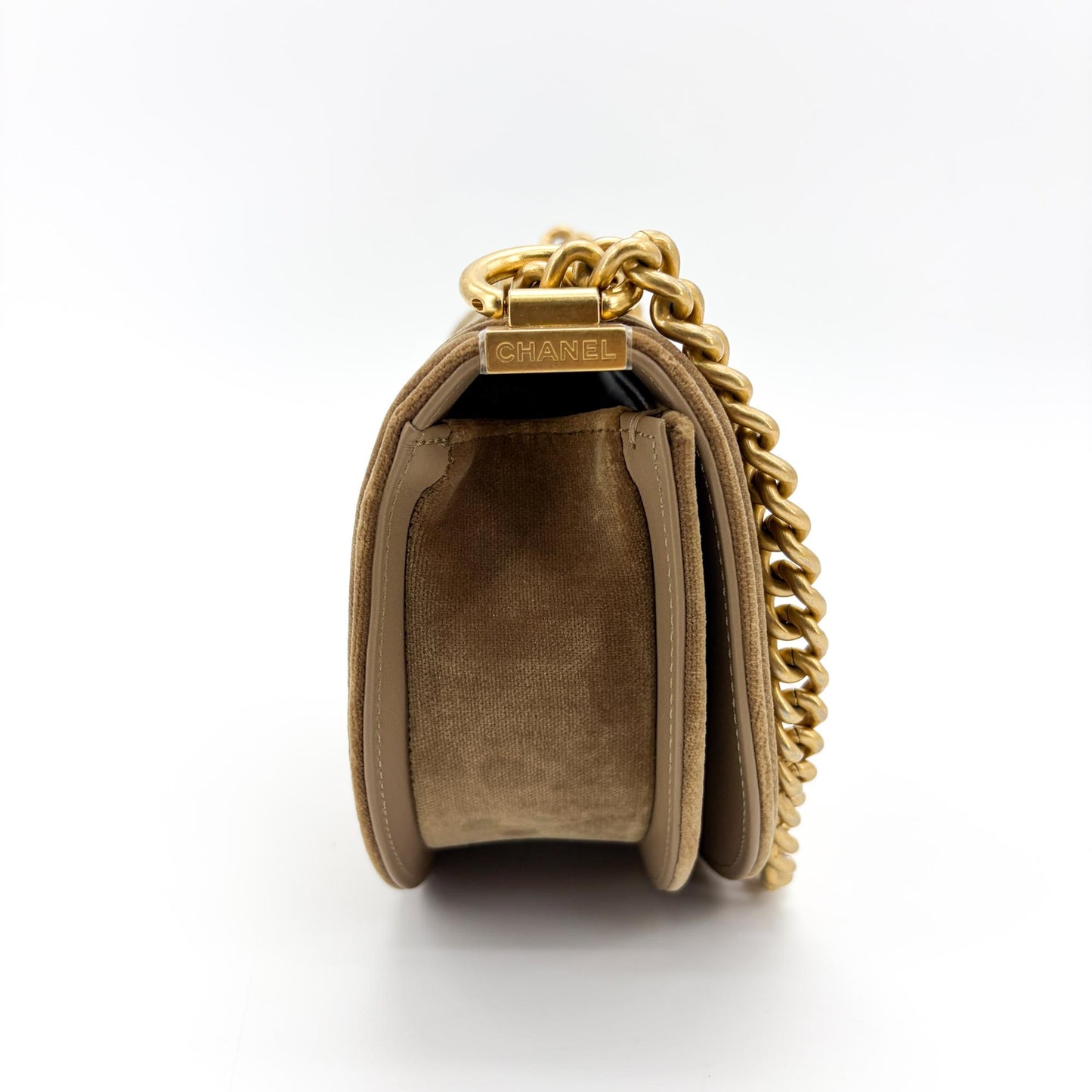 Chanel Boy Messenger Bag Velvet Brown Gold Hardware