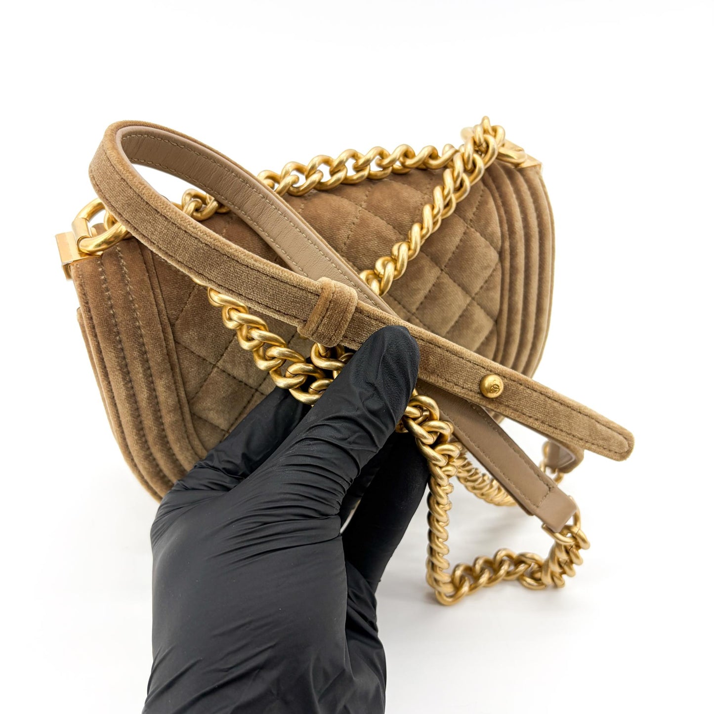 Chanel Boy Messenger Bag Velvet Brown Gold Hardware