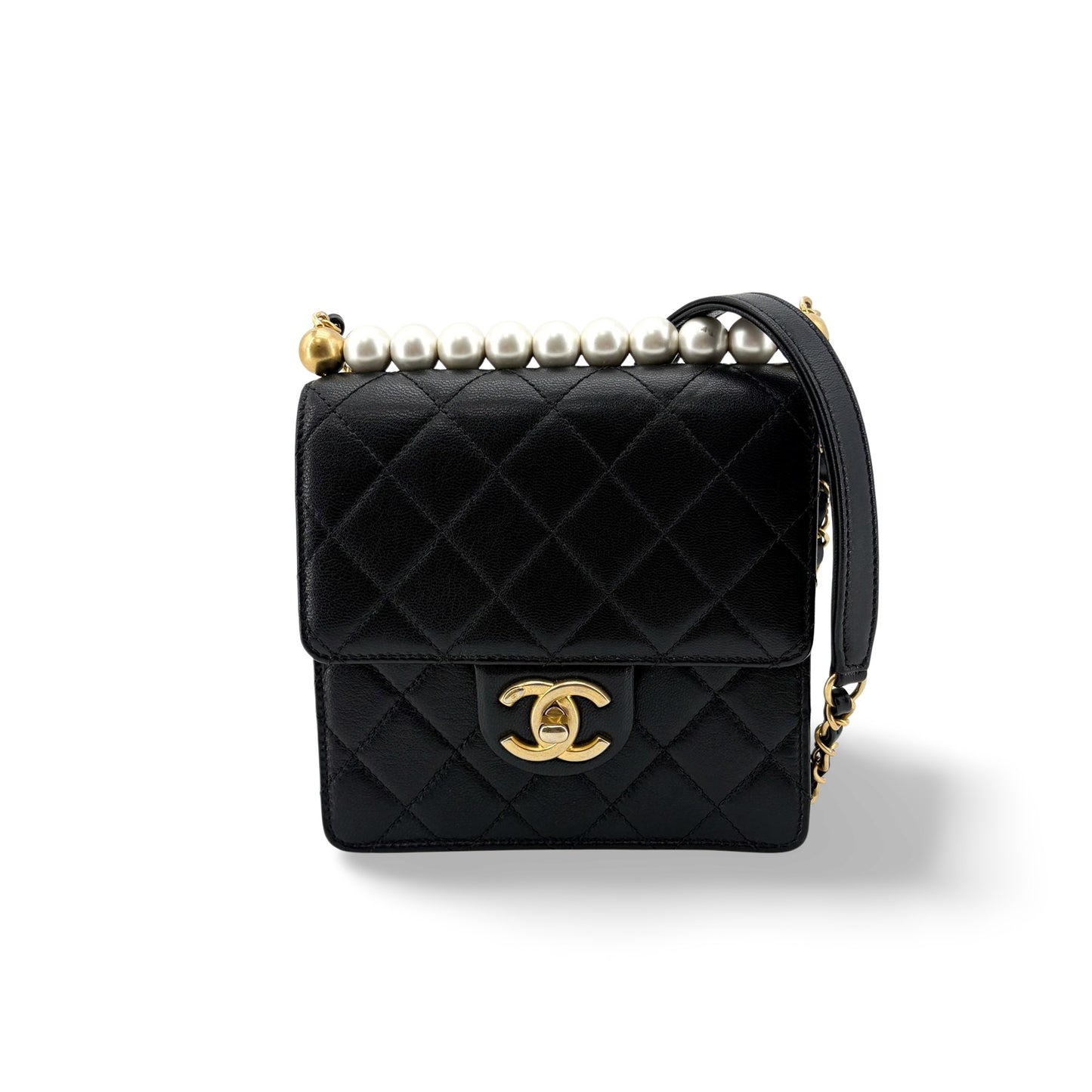 Chanel Lambskin Pearl Top Handle Mini Flap Bag Black Gold Hardware