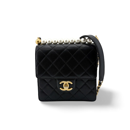 Chanel Lambskin Pearl Top Handle Mini Flap Bag Black Gold Hardware