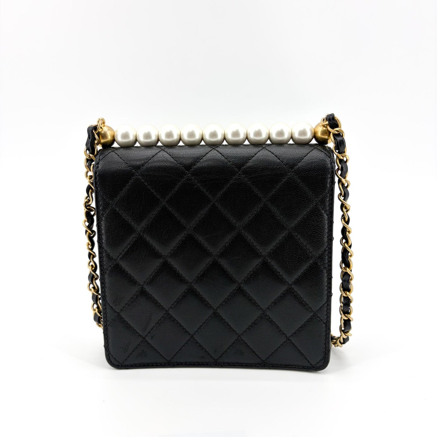 Chanel Lambskin Pearl Top Handle Mini Flap Bag Black Gold Hardware
