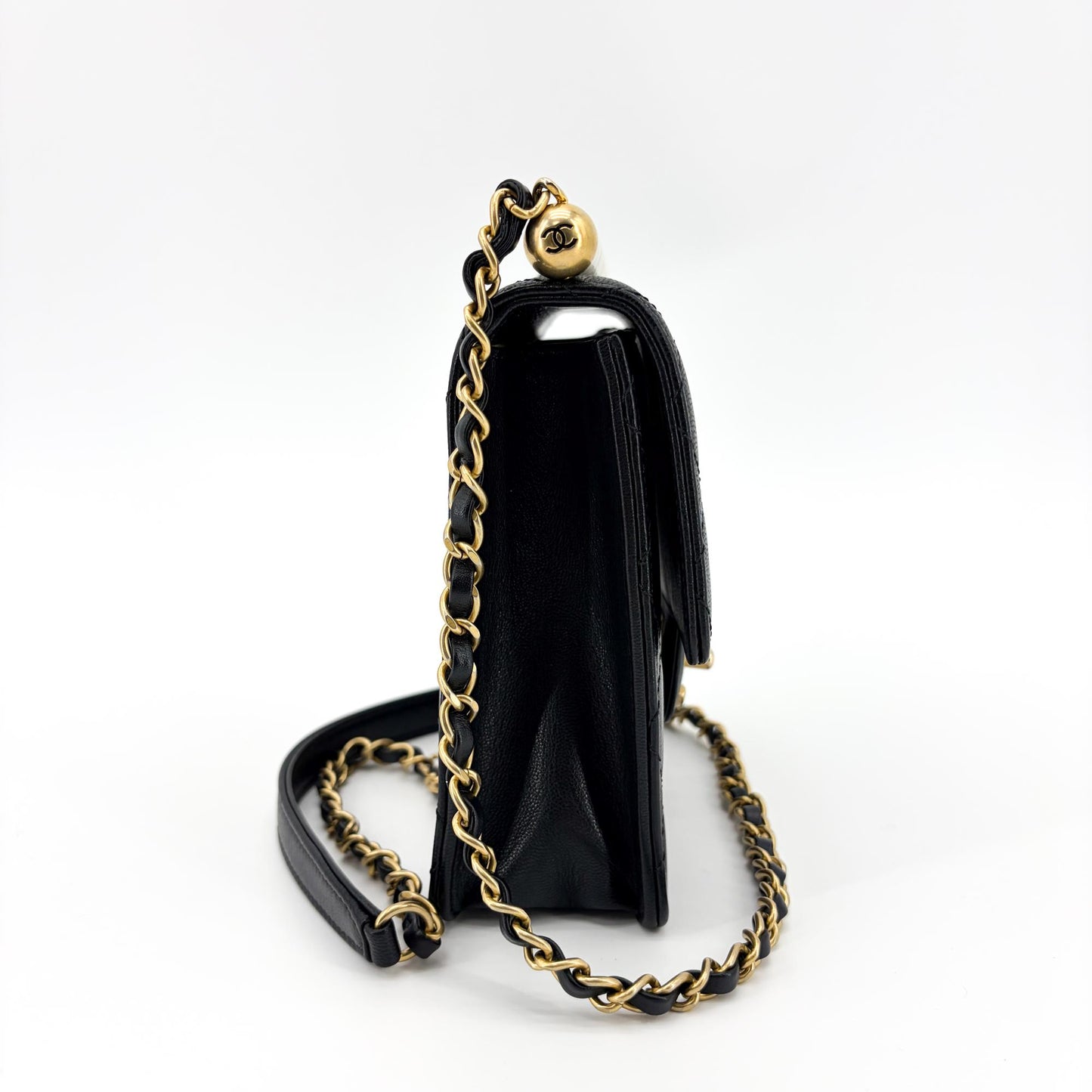 Chanel Lambskin Pearl Top Handle Mini Flap Bag Black Gold Hardware