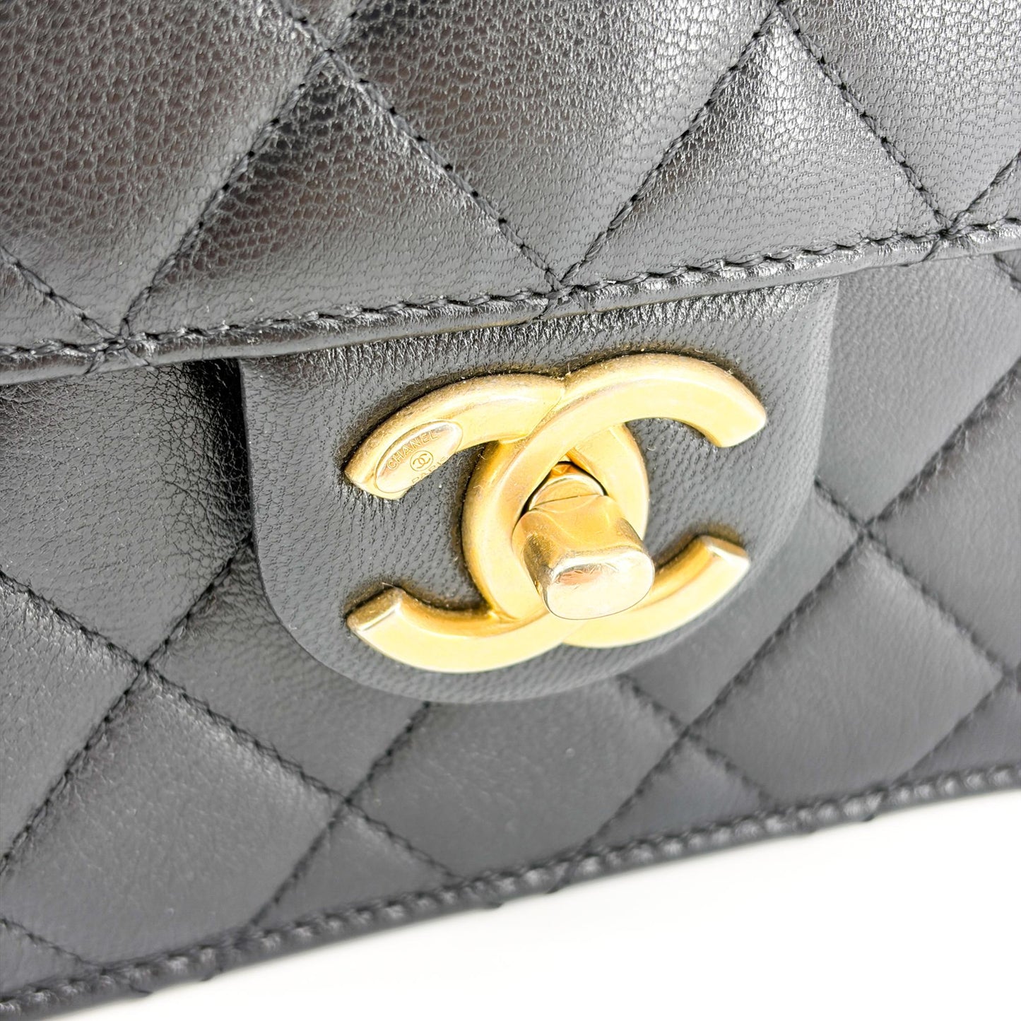Chanel Lambskin Pearl Top Handle Mini Flap Bag Black Gold Hardware