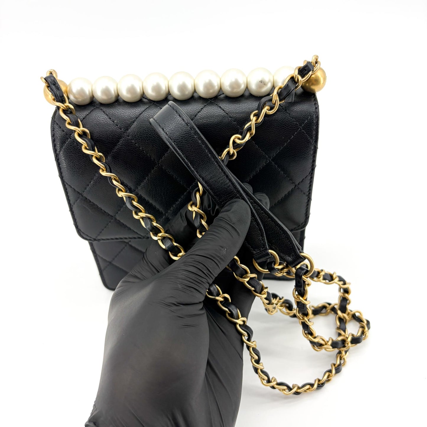 Chanel Lambskin Pearl Top Handle Mini Flap Bag Black Gold Hardware