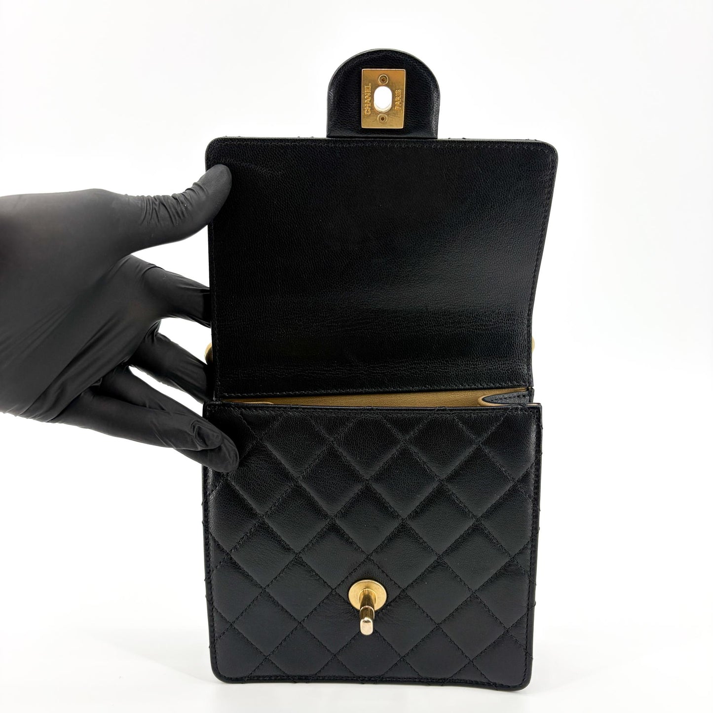 Chanel Lambskin Pearl Top Handle Mini Flap Bag Black Gold Hardware