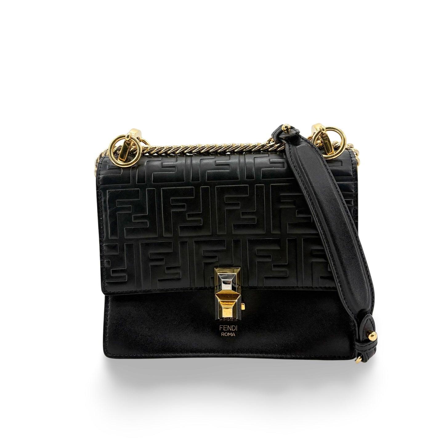 Fendi FF Embossed Khan You Medium Shoulder Bag Black Gold Hardware