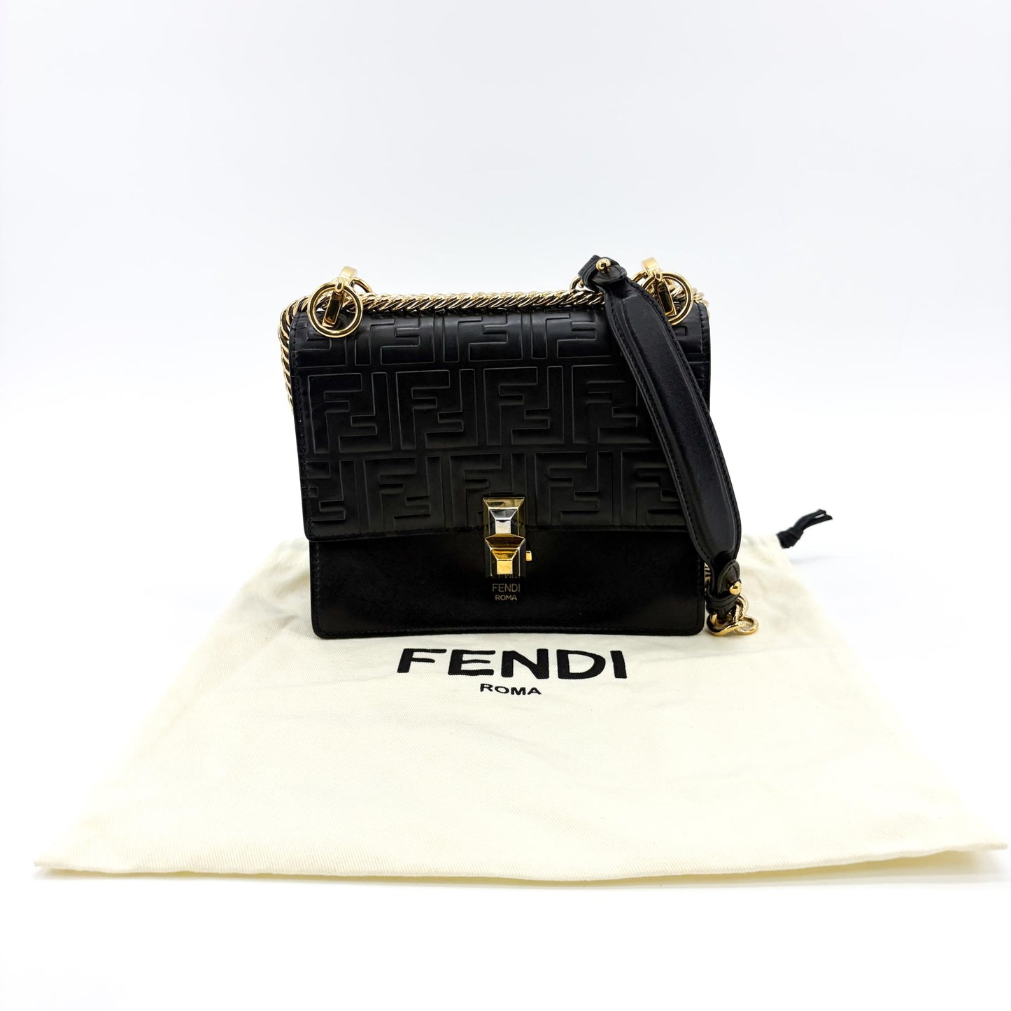 Fendi FF Embossed Khan You Medium Shoulder Bag Black Gold Hardware