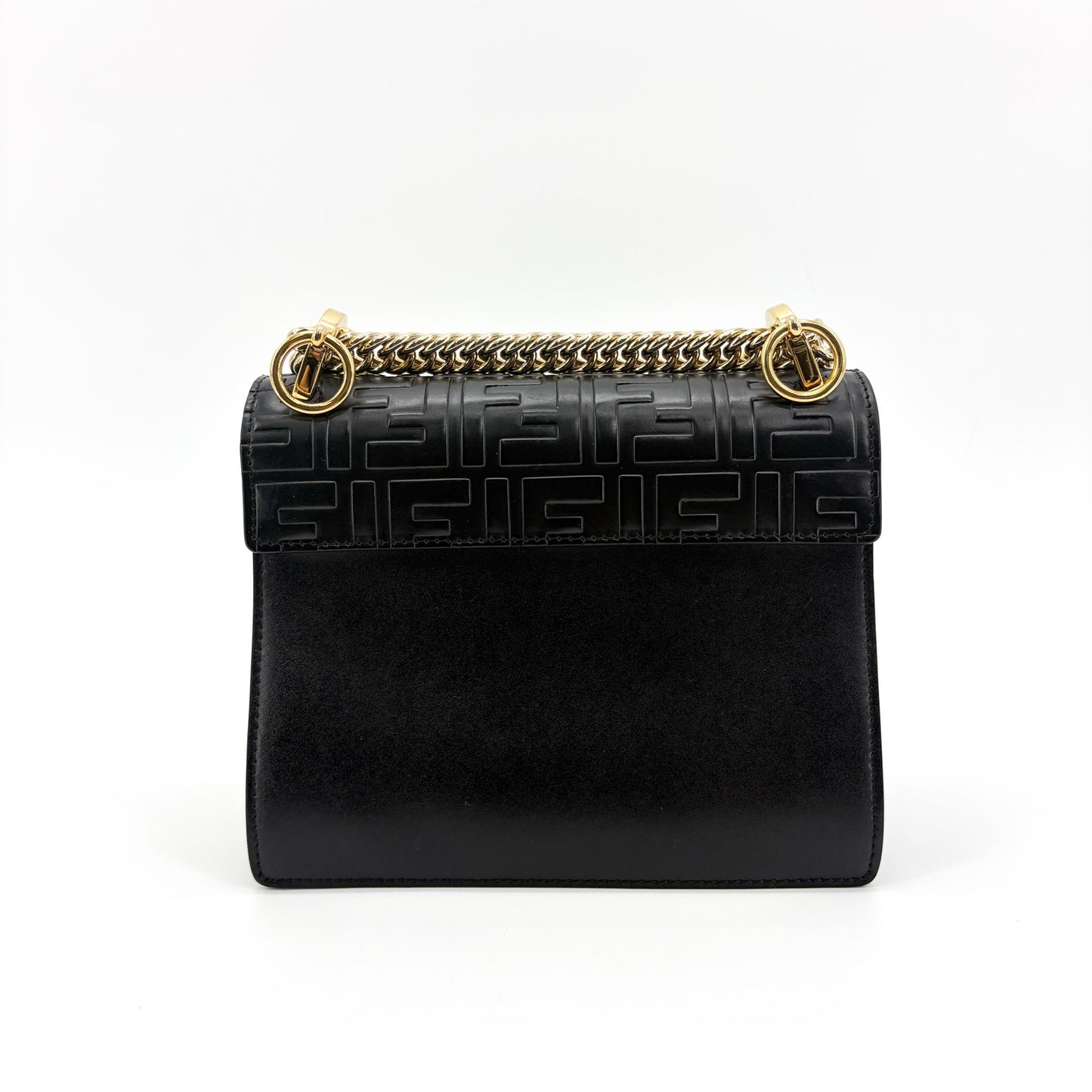Fendi FF Embossed Khan You Medium Shoulder Bag Black Gold Hardware