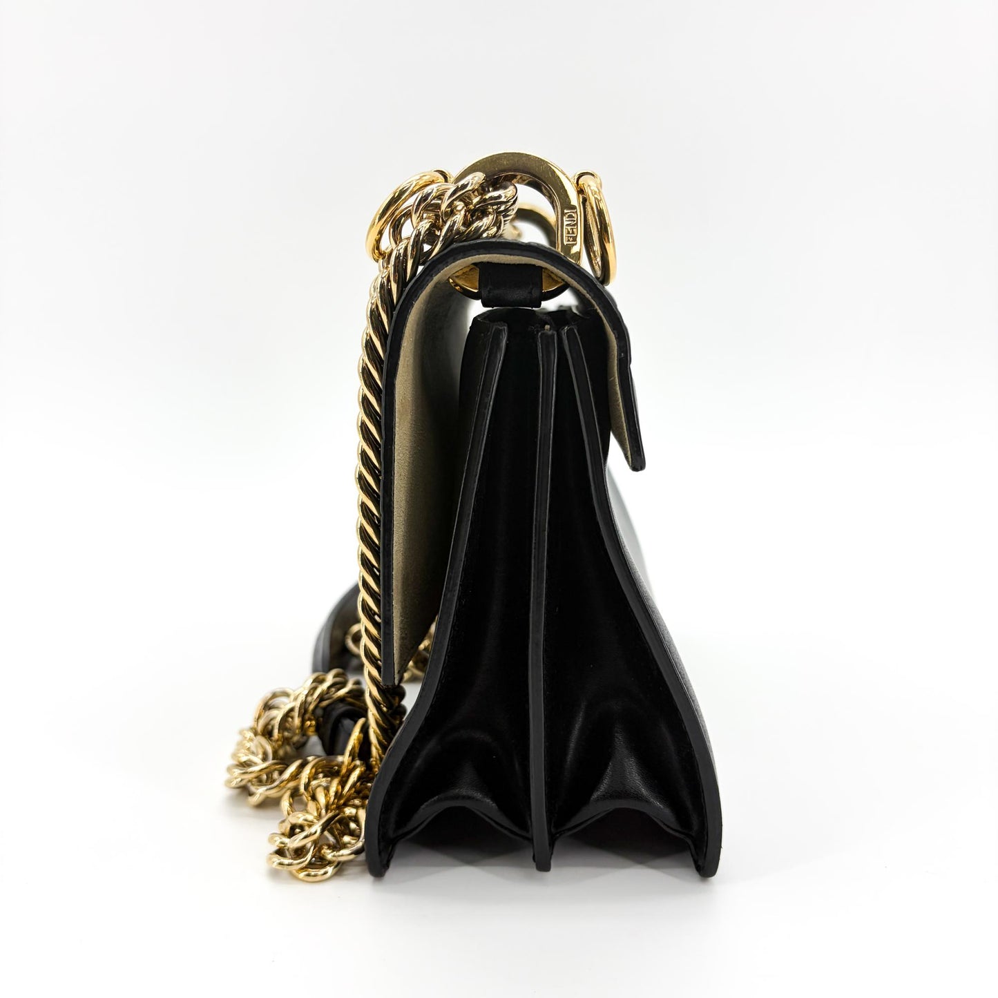 Fendi FF Embossed Khan You Medium Shoulder Bag Black Gold Hardware