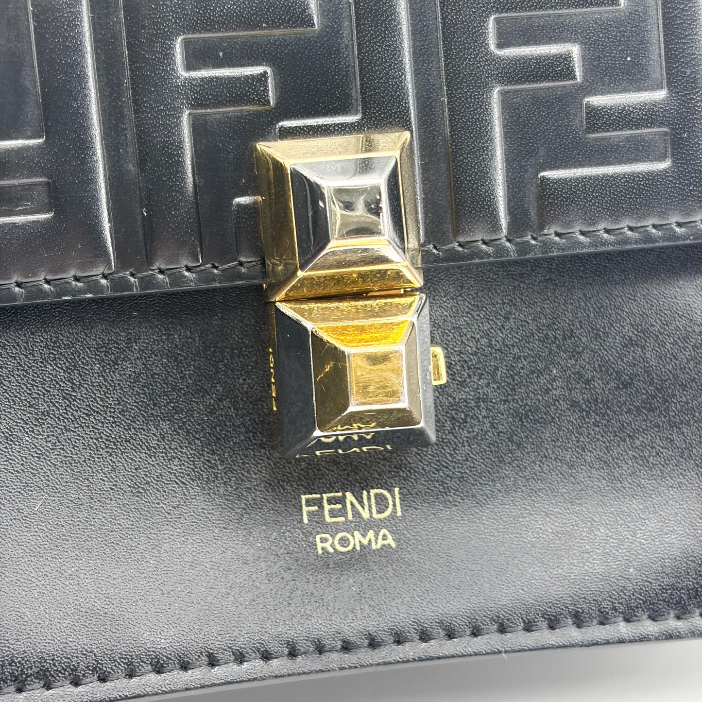 Fendi FF Embossed Khan You Medium Shoulder Bag Black Gold Hardware
