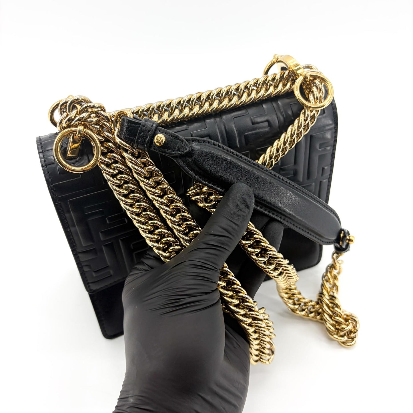 Fendi FF Embossed Khan You Medium Shoulder Bag Black Gold Hardware
