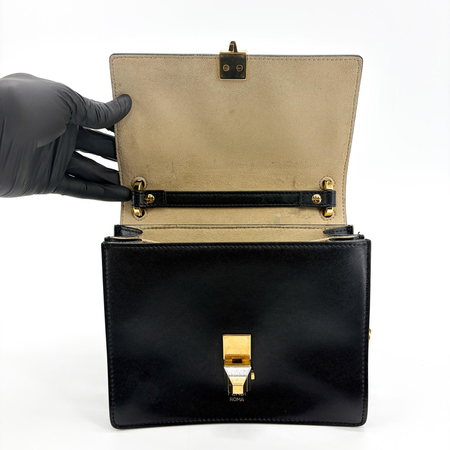 Fendi FF Embossed Khan You Medium Shoulder Bag Black Gold Hardware