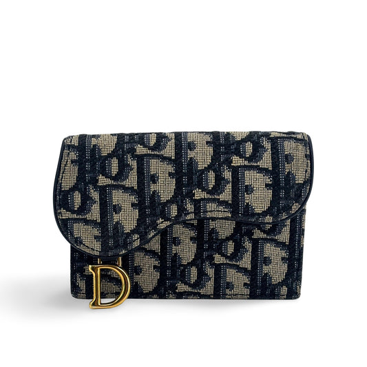 Dior Saddle Flap Card Holder Blue Oblique Jacquard