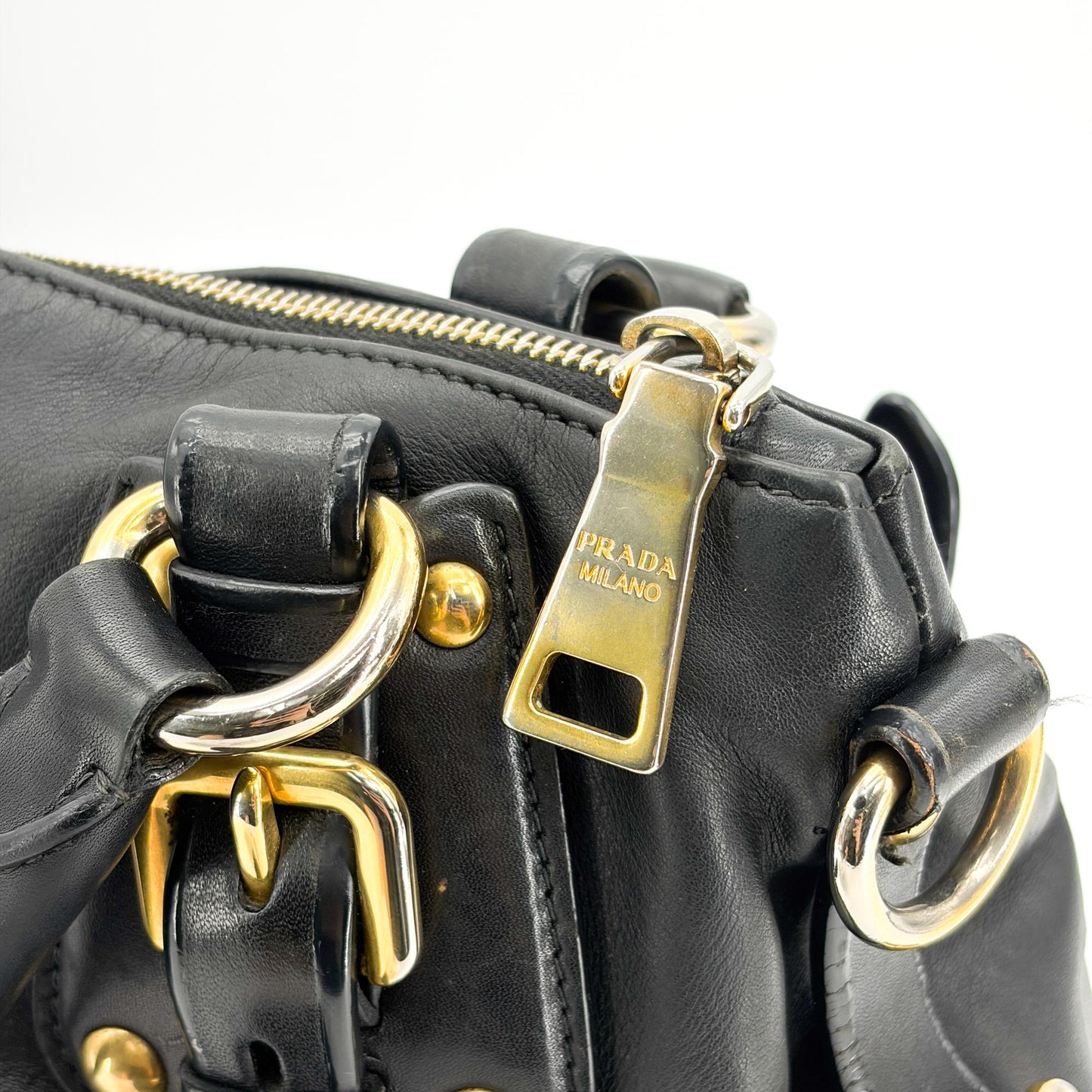 Prada Vitello Phoenix Black Gold Buckle Top Handle Bag