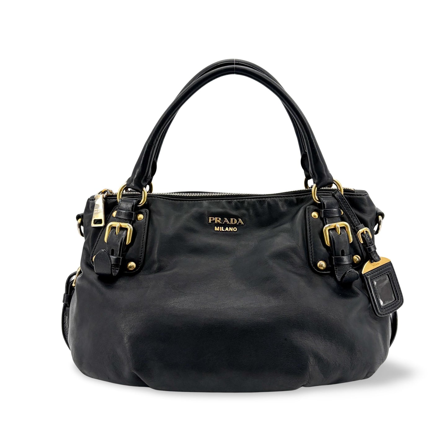 Prada Vitello Phoenix Black Gold Buckle Top Handle Bag