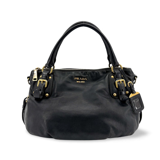 Prada Vitello Phoenix Black Gold Buckle Top Handle Bag