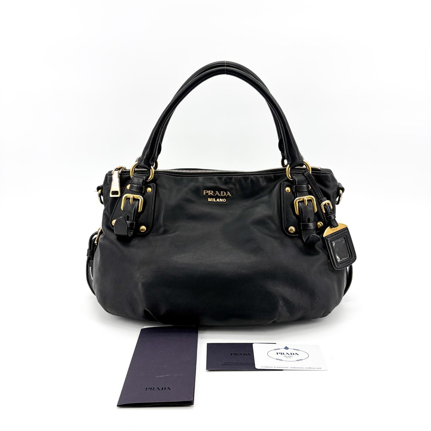 Prada Vitello Phoenix Black Gold Buckle Top Handle Bag