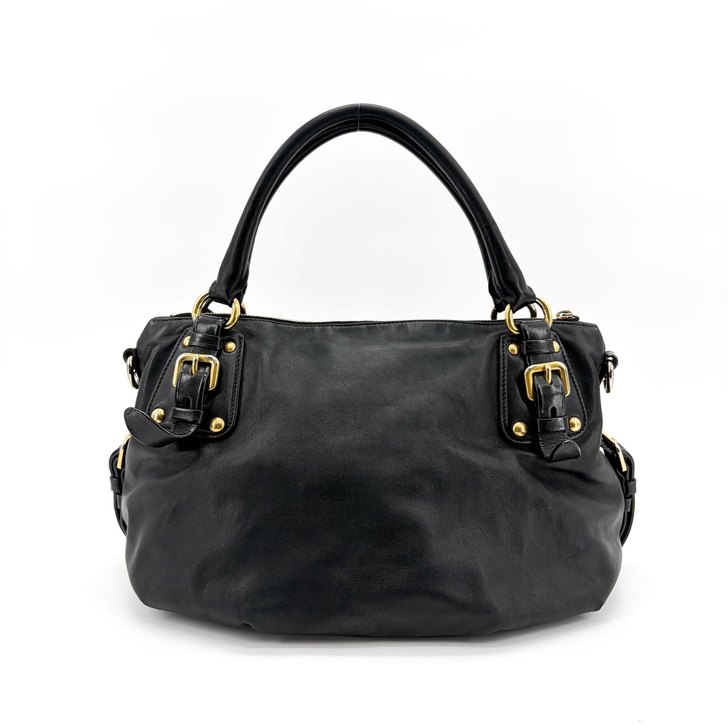 Prada Vitello Phoenix Black Gold Buckle Top Handle Bag
