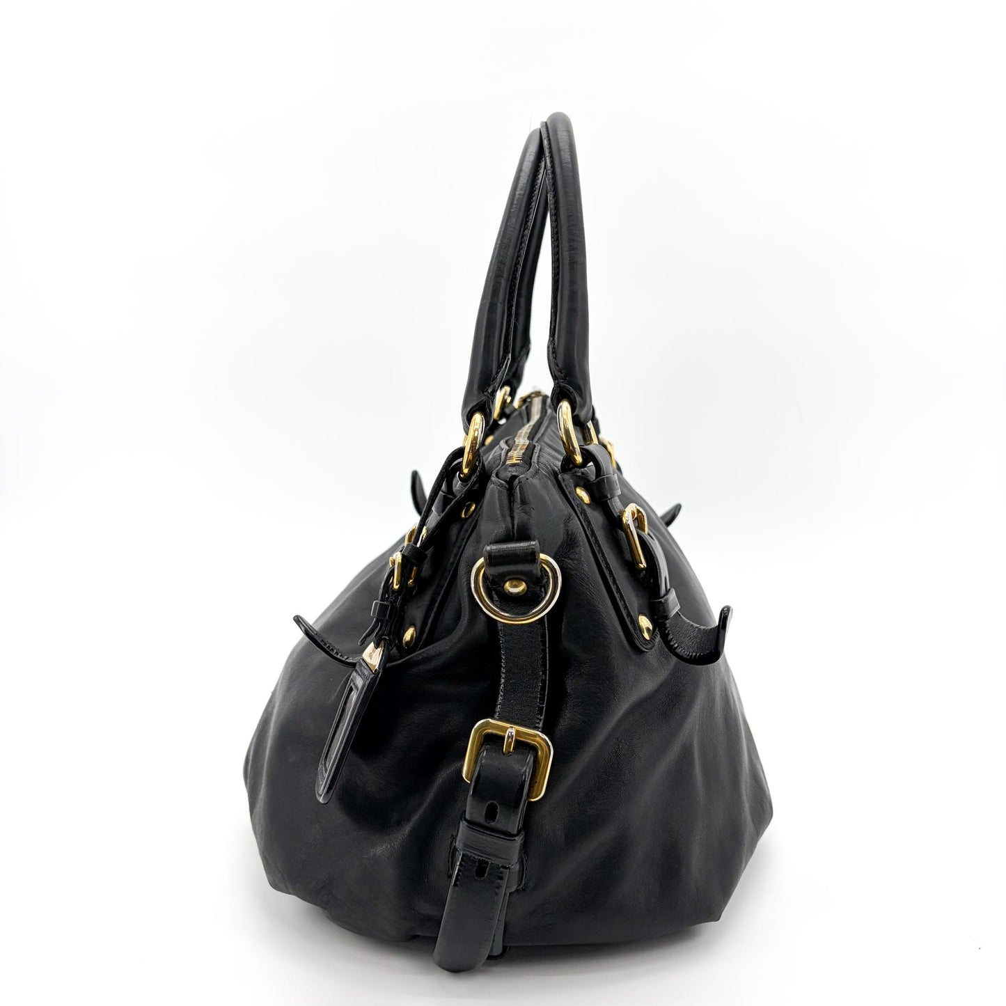 Prada Vitello Phoenix Black Gold Buckle Top Handle Bag