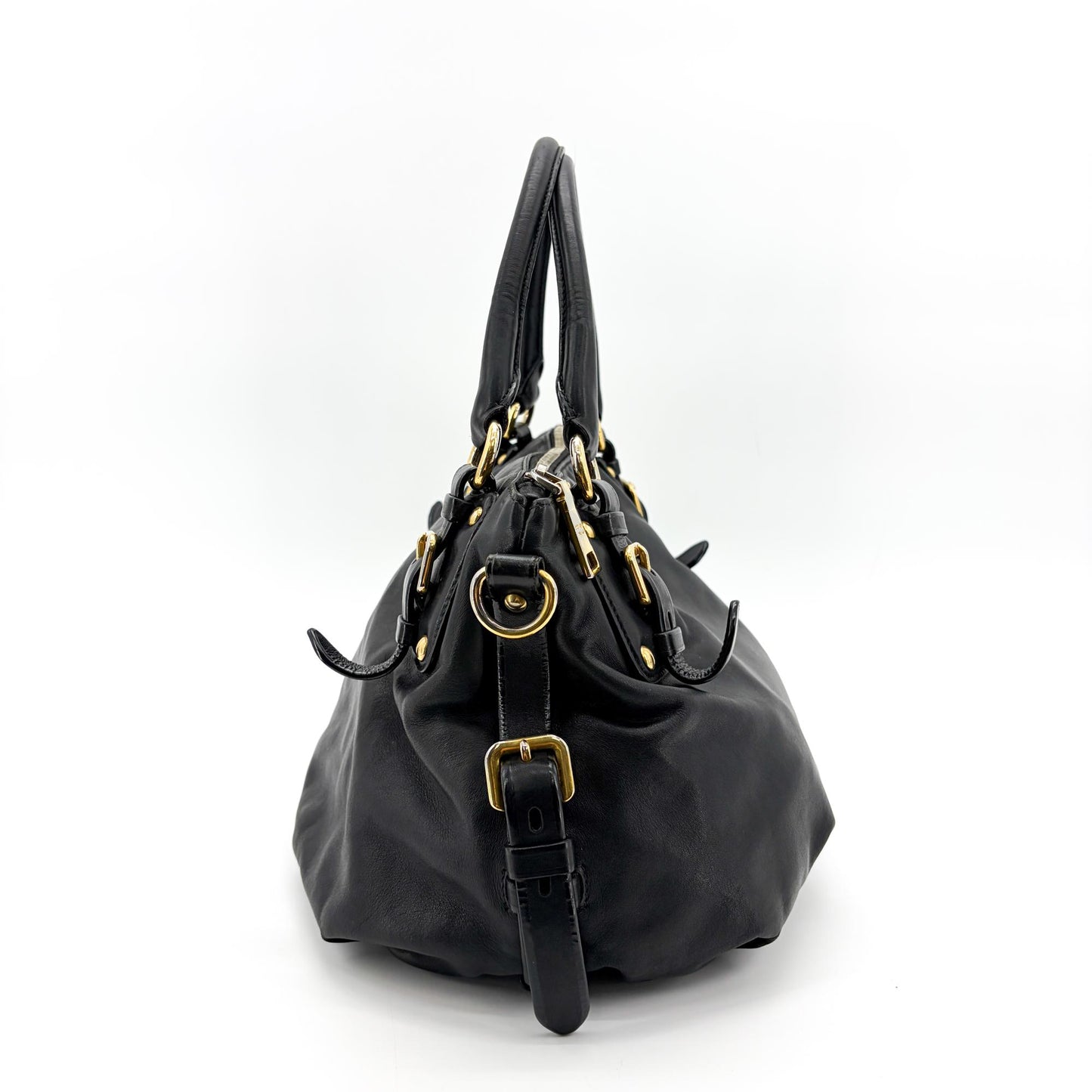 Prada Vitello Phoenix Black Gold Buckle Top Handle Bag