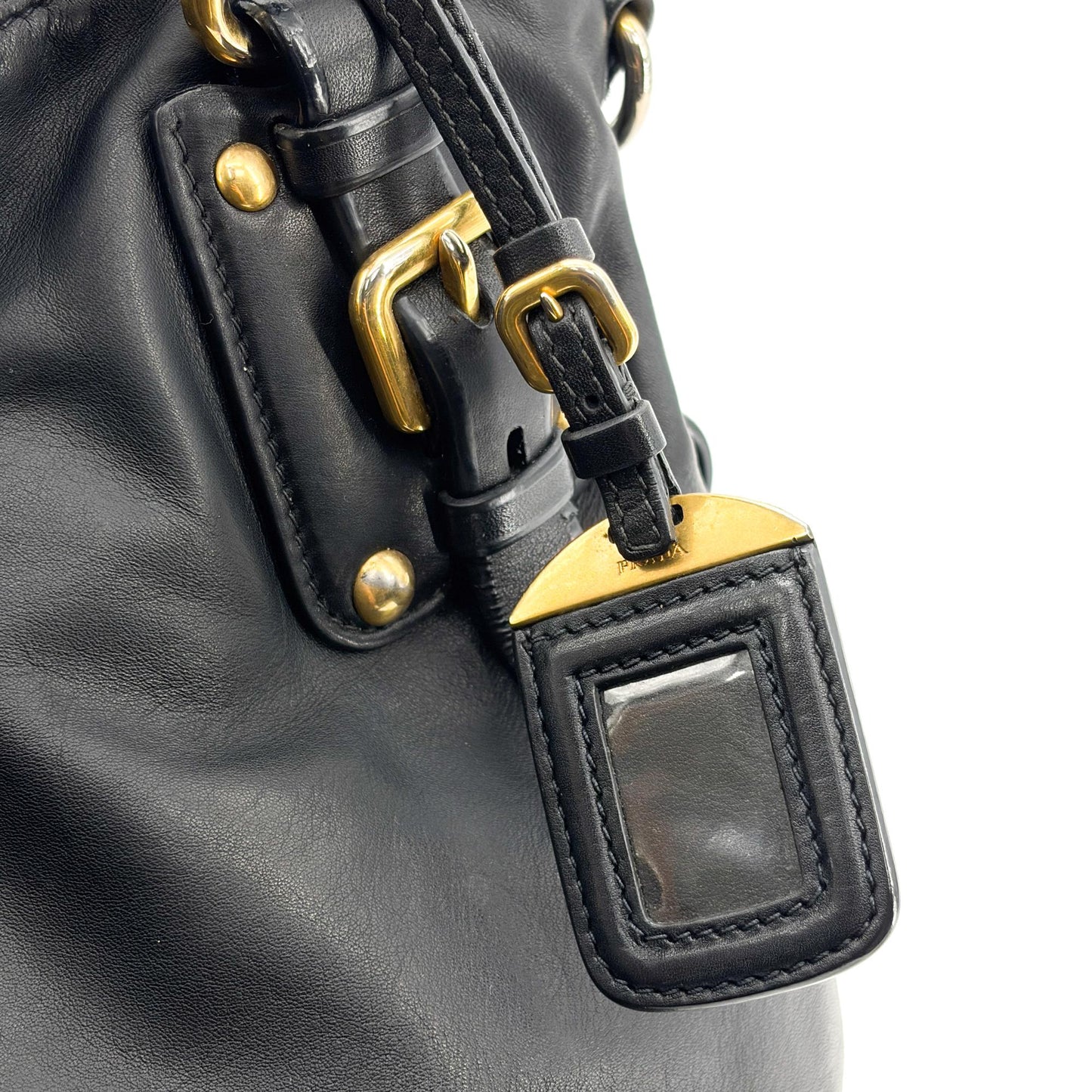 Prada Vitello Phoenix Black Gold Buckle Top Handle Bag