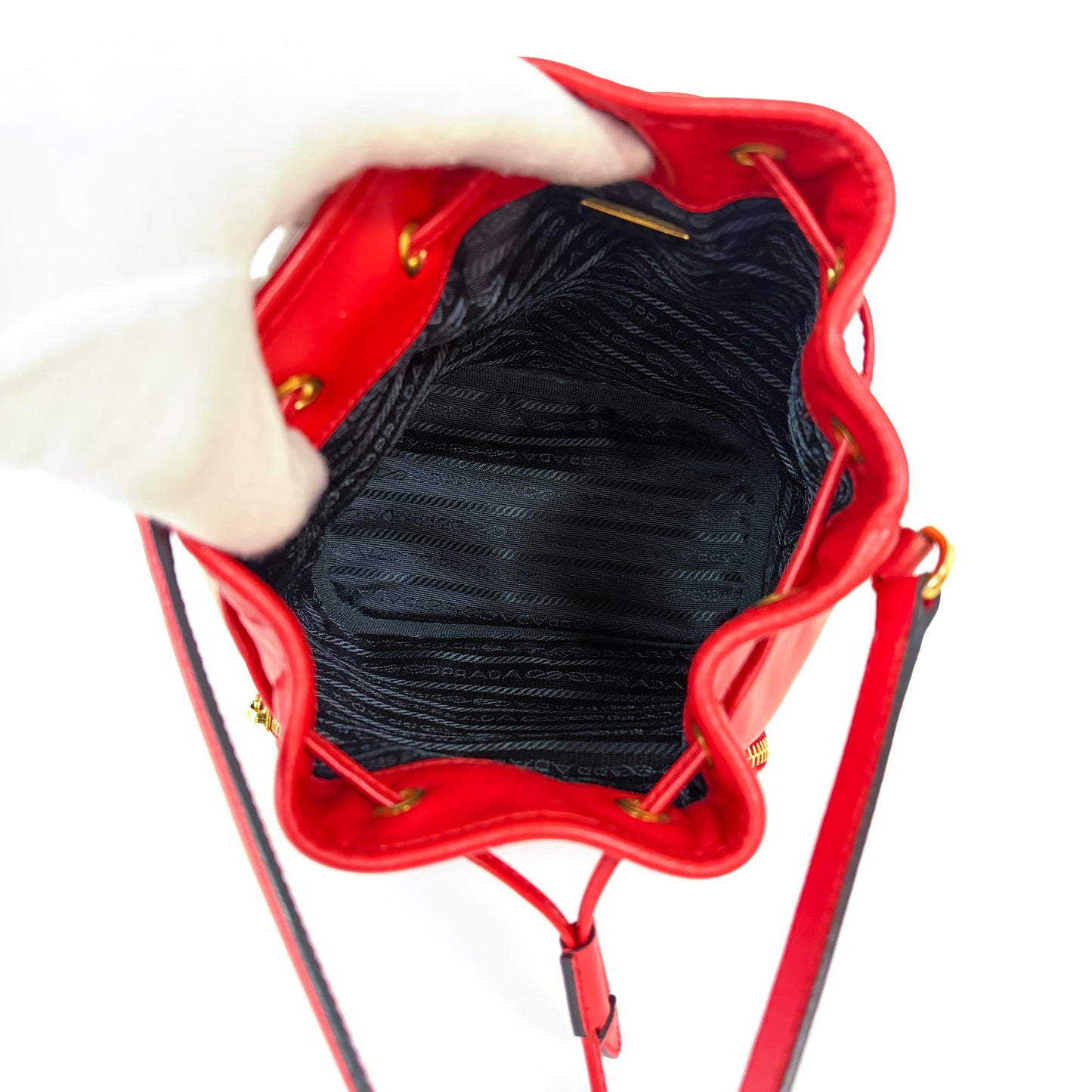 Prada Triangle Logo Leather Bucket Bag Red Gold Hardware
