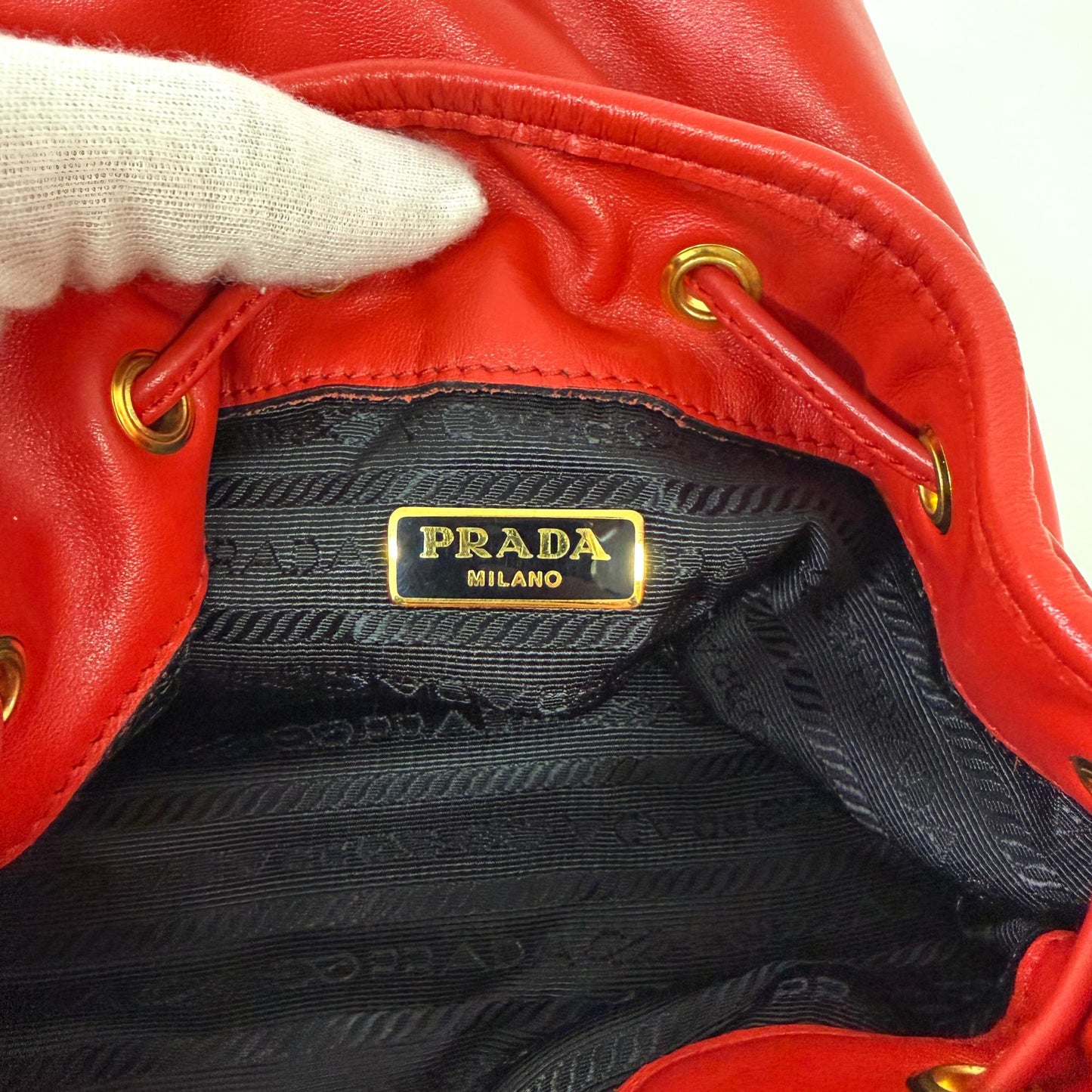 Prada Triangle Logo Leather Bucket Bag Red Gold Hardware
