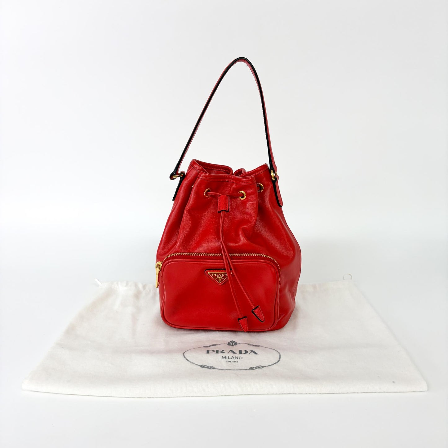 Prada Triangle Logo Leather Bucket Bag Red Gold Hardware