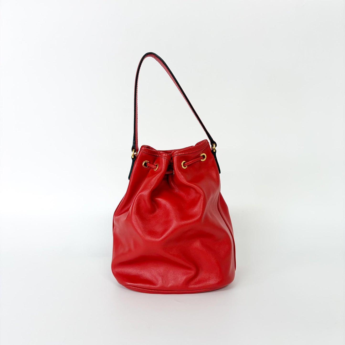 Prada Triangle Logo Leather Bucket Bag Red Gold Hardware