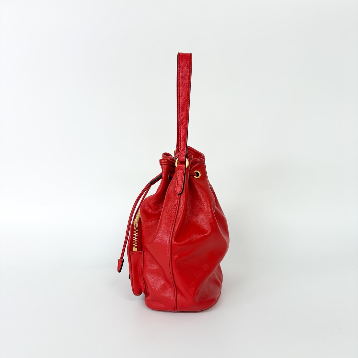 Prada Triangle Logo Leather Bucket Bag Red Gold Hardware