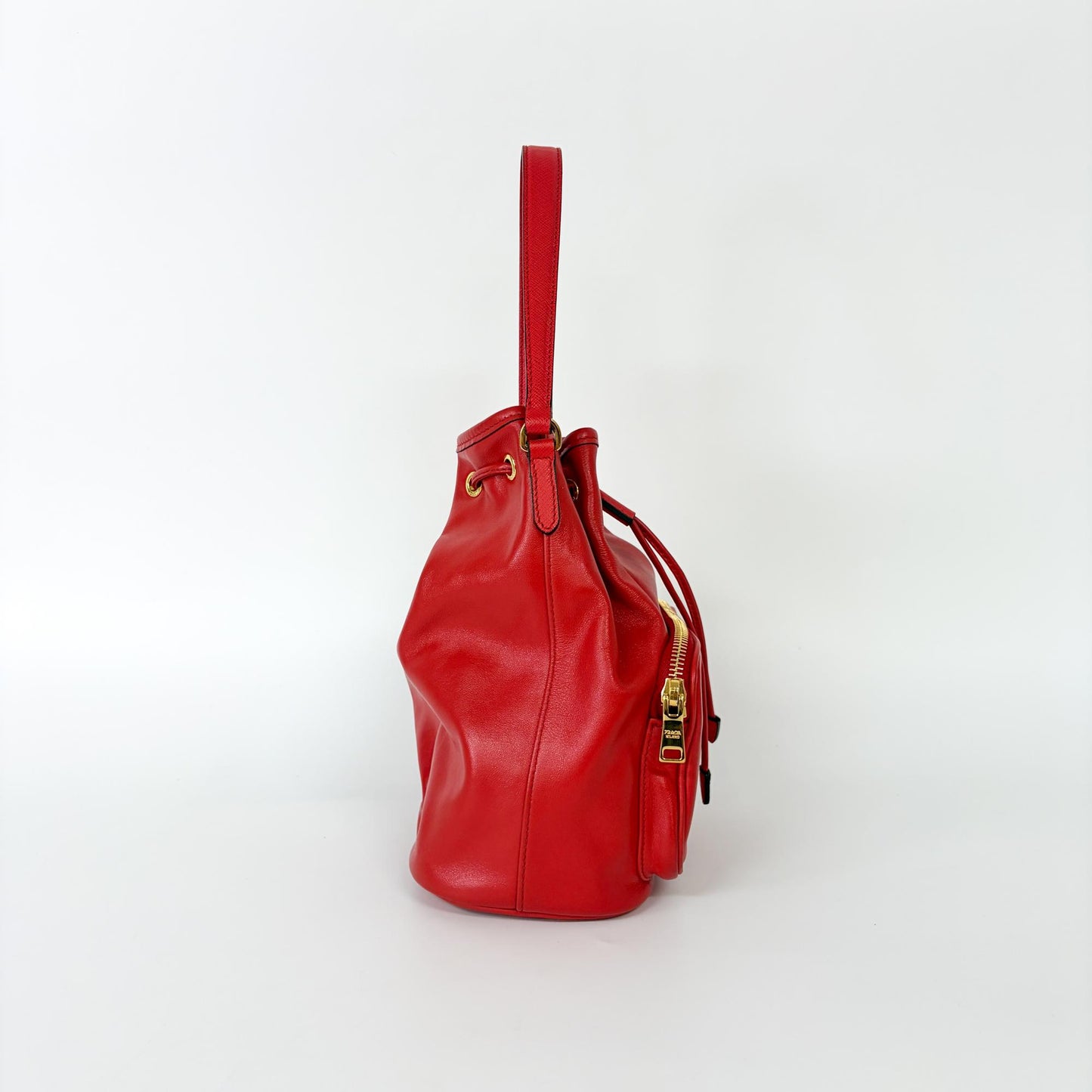 Prada Triangle Logo Leather Bucket Bag Red Gold Hardware
