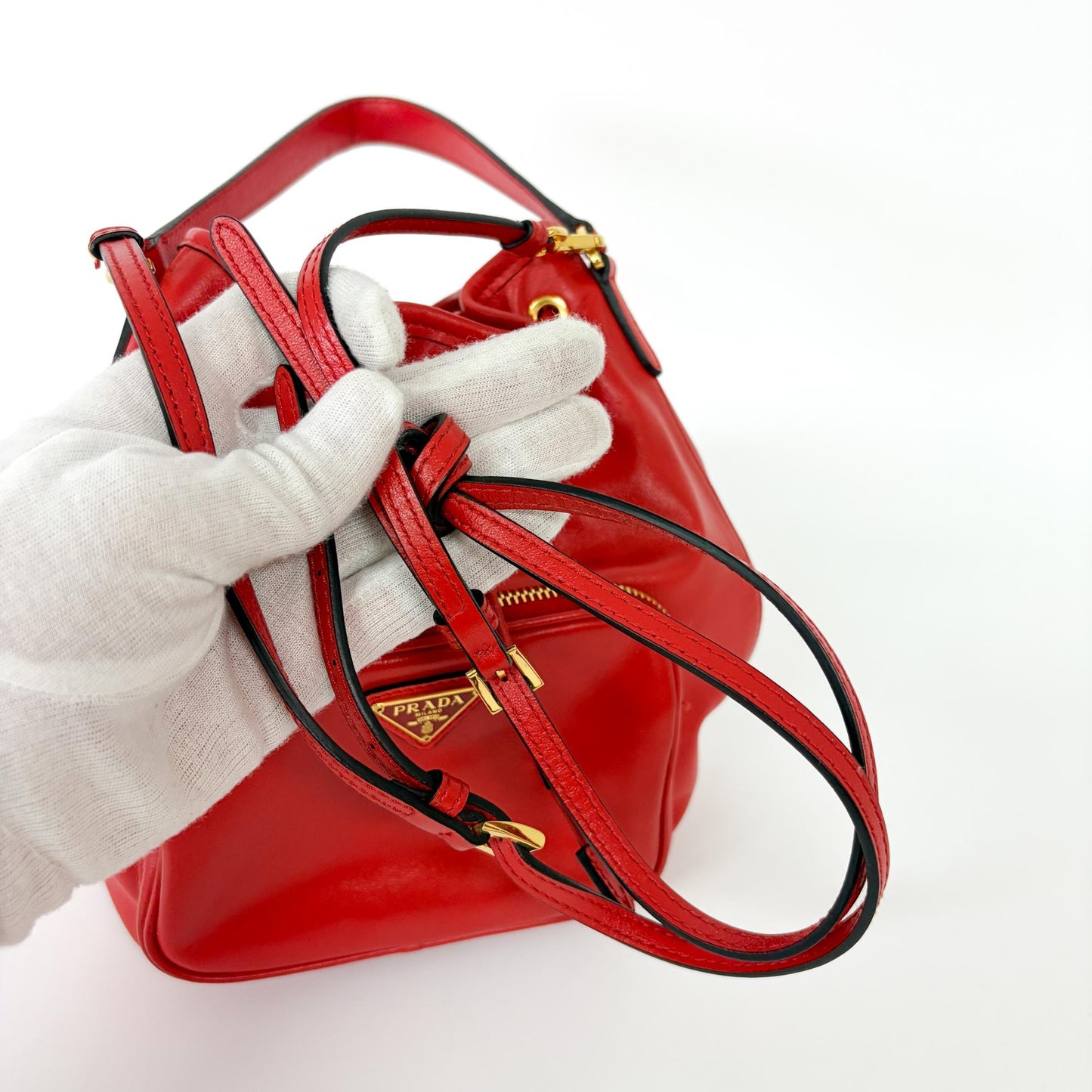 Prada Triangle Logo Leather Bucket Bag Red Gold Hardware