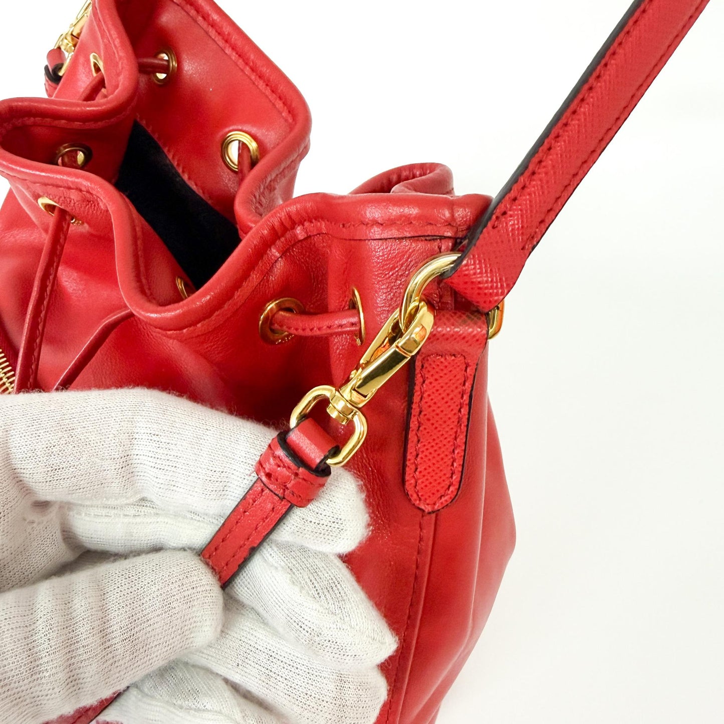 Prada Triangle Logo Leather Bucket Bag Red Gold Hardware